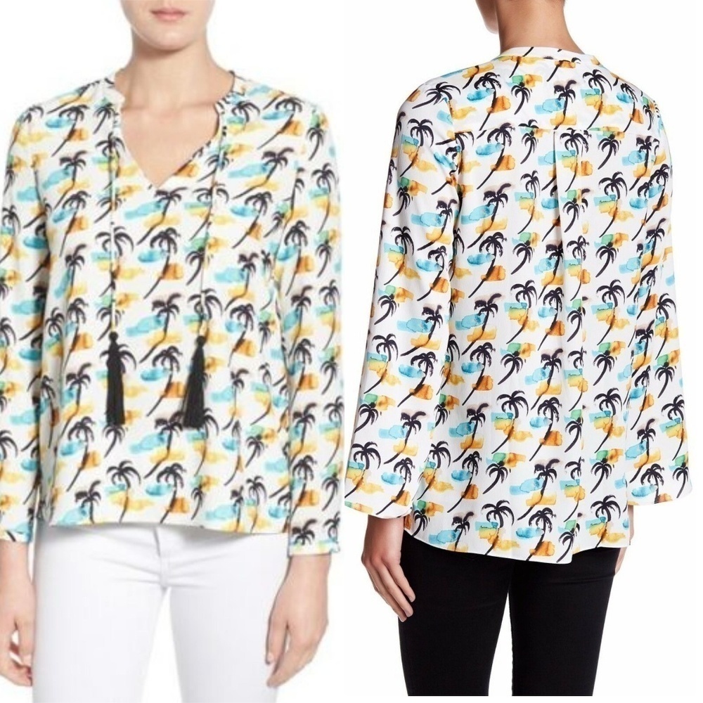 Cooper & Ella Tassel Split Neck Palm Tree Blouse S NEW NWT
